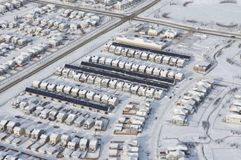 Aerial photo of Drake Landing Solar Community in winter