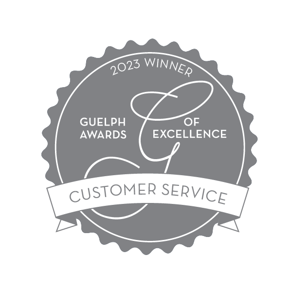 Grey awards seal that reads 2023 Winner Guelph Awards of Excellence Customer Service