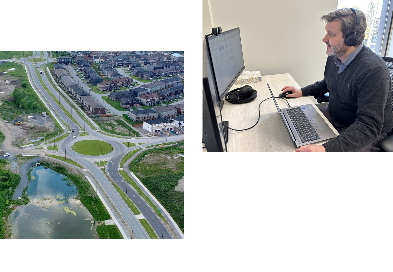 Traffic circle, man working on computer