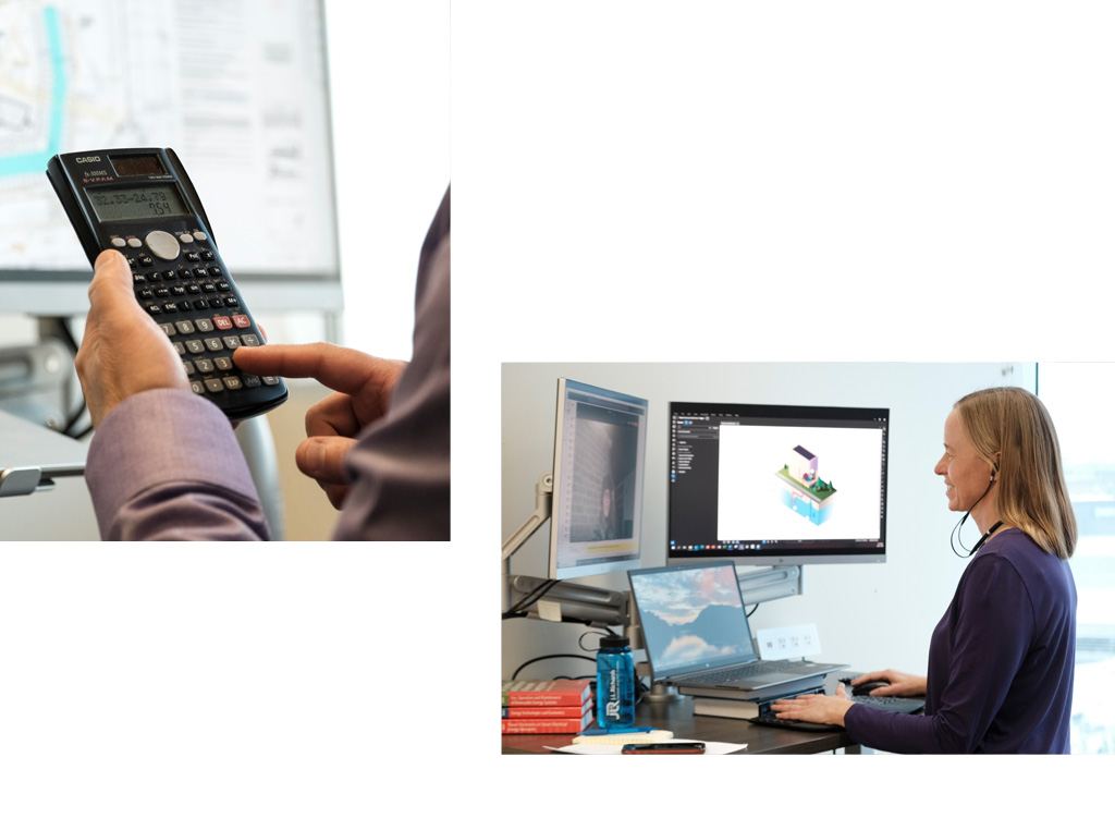 Man holding calculator, woman working at desk with three monitors